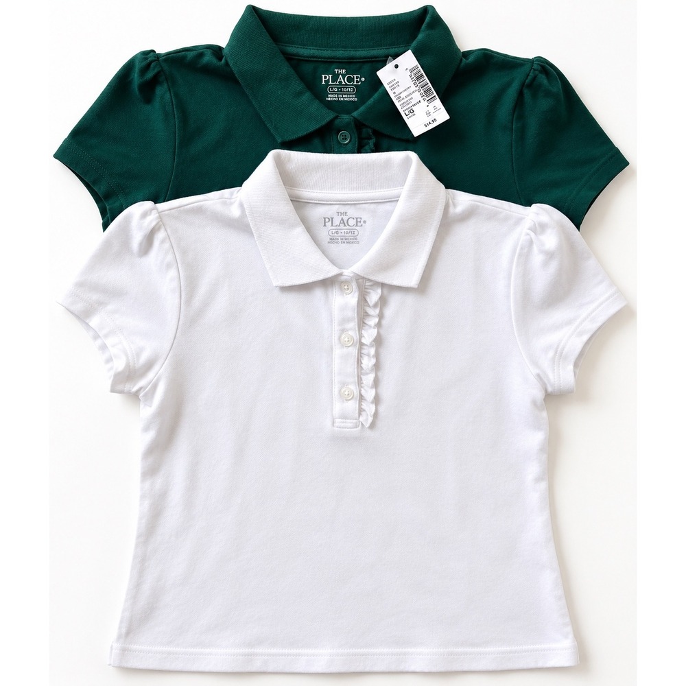 The Childrens Place Girls 2 Pack Ruffle Polo Shirts Wht Grn Size L Uniform NWT